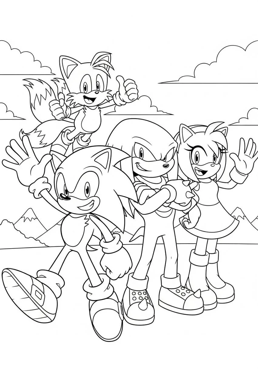 Página para colorear de pose grupal de Sonic, Tails, Knuckles y Amy Rose