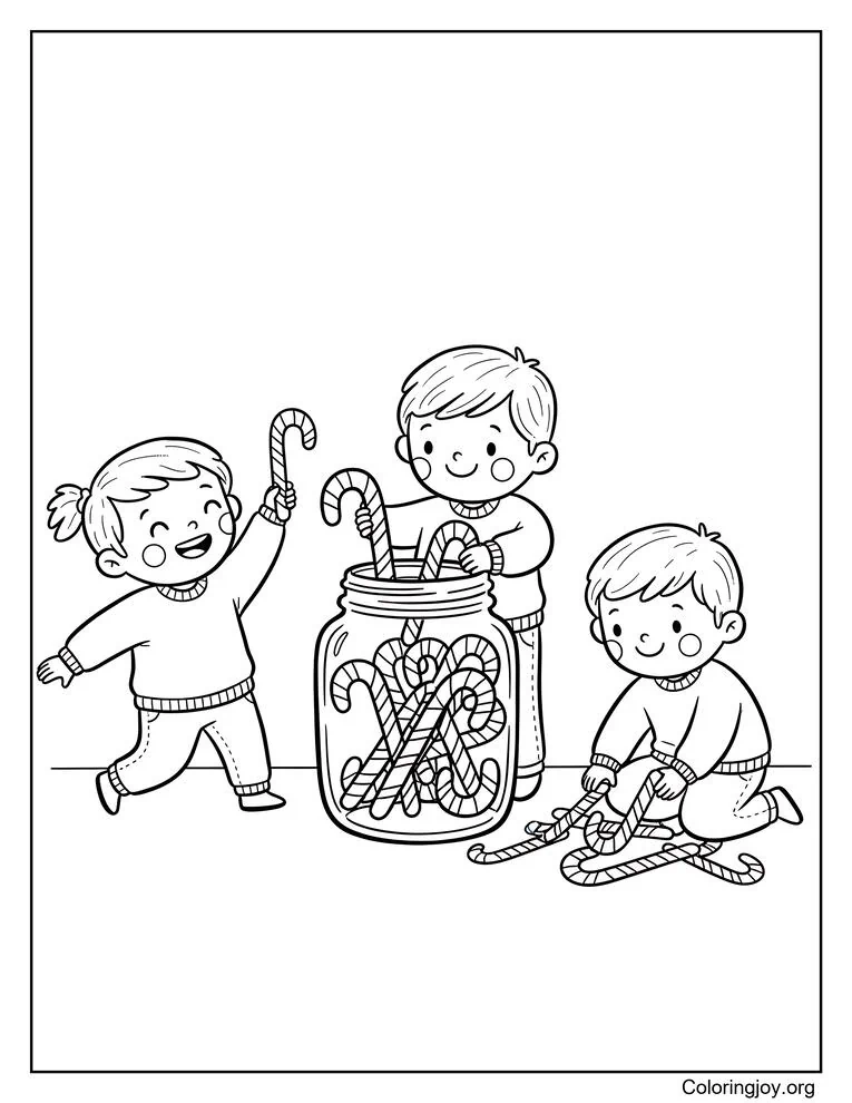 Página para colorear de la actividad del bastón de caramelo de tres niños felices