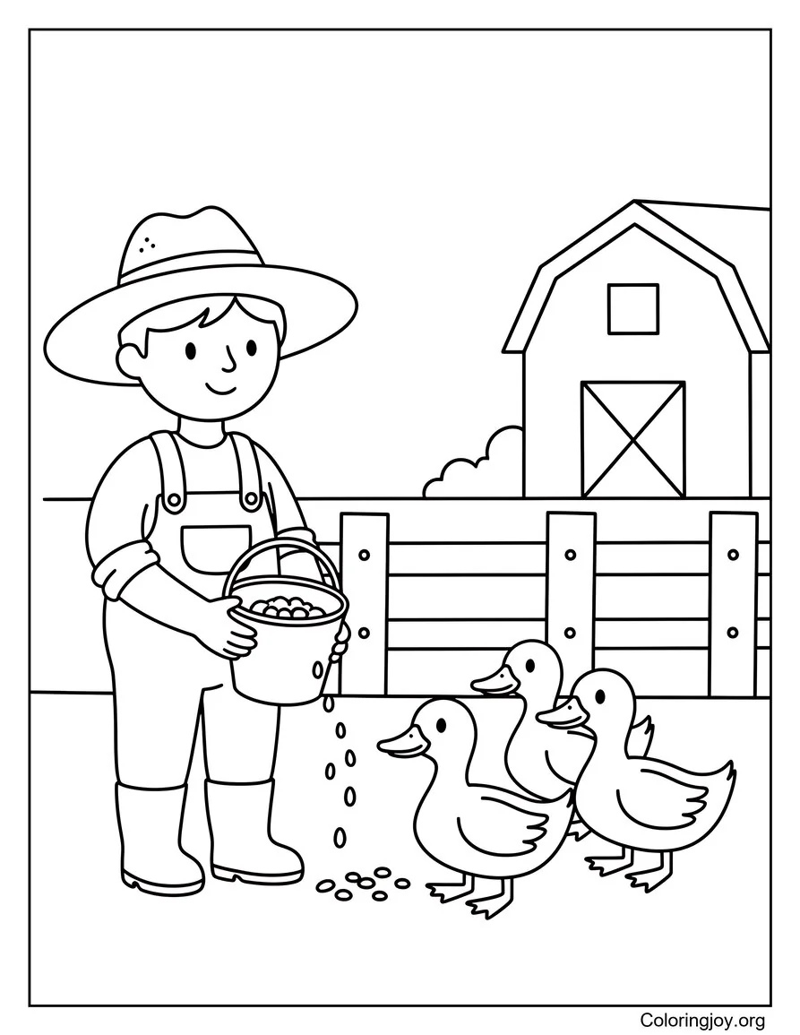 These ducks happily eat grain from a farmer near a classic barn.