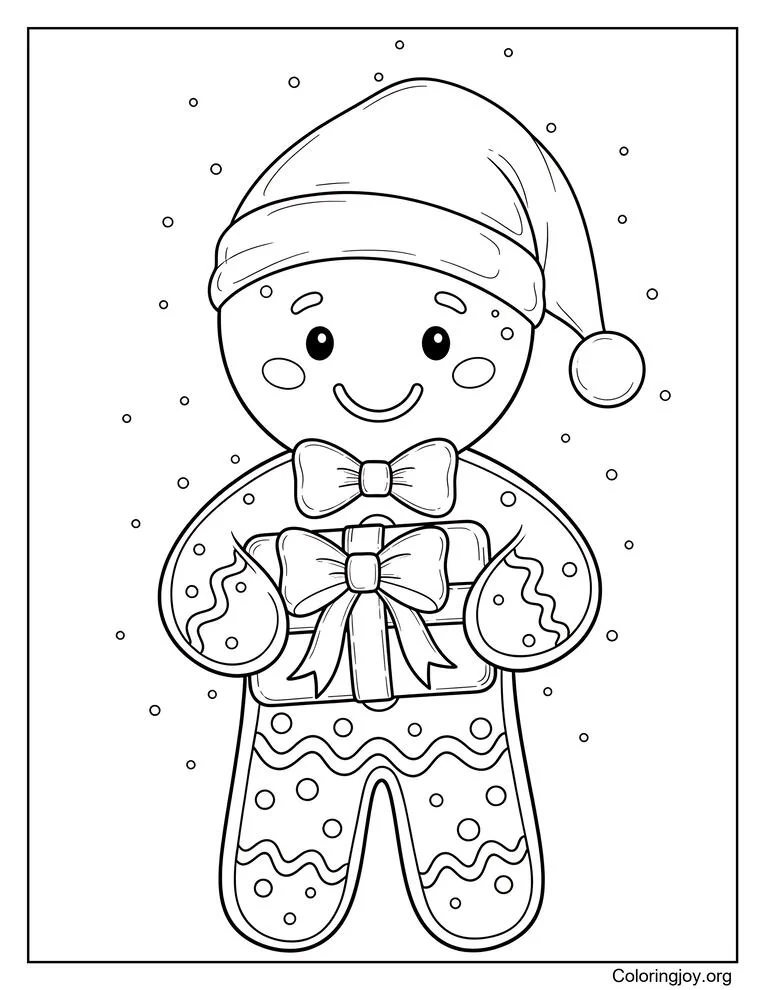 Gingerbread boy with polka-dot icing holding wrapped candy