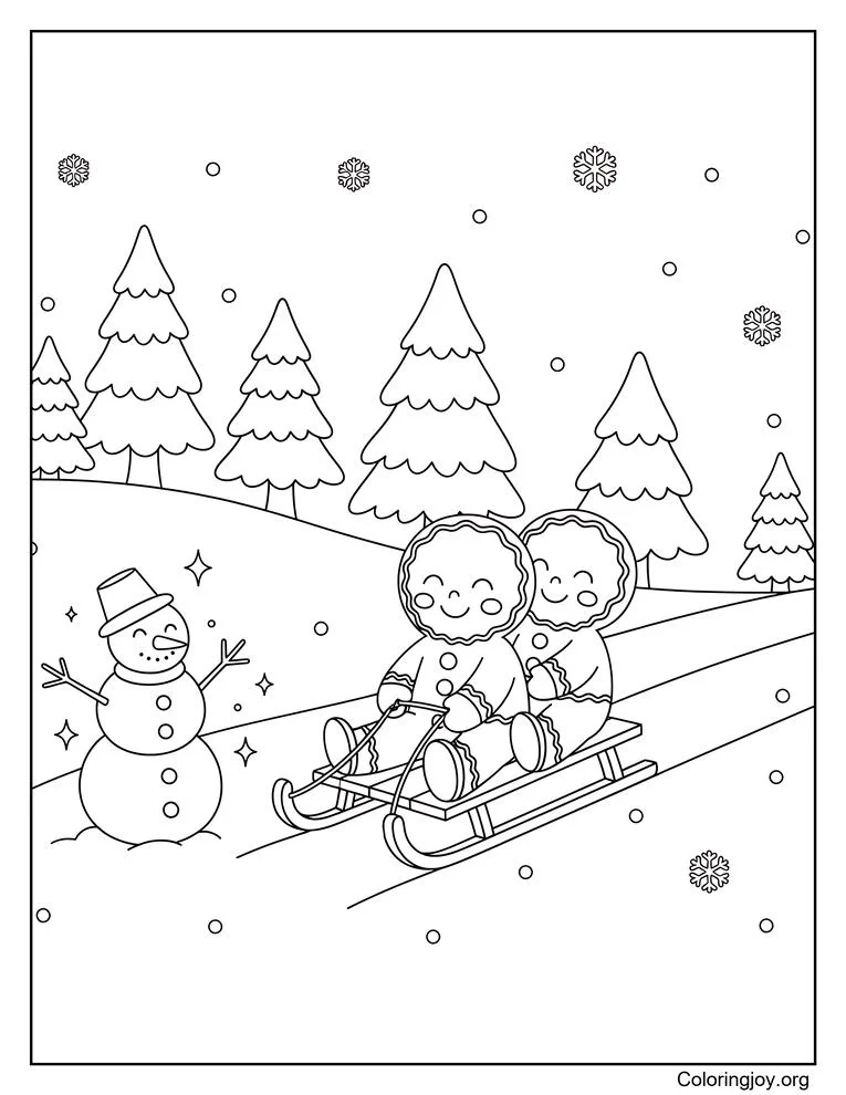 Gingerbread Children Sledding Past a Sparkling Snowman