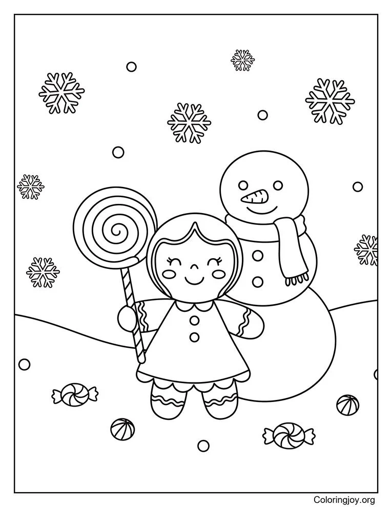 Gingerbread Girl Enjoying Candy in Front of a Festive Snowman