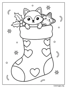 Heart-Pattern Stocking with Fox Plush and Holly Sprig Coloring Page