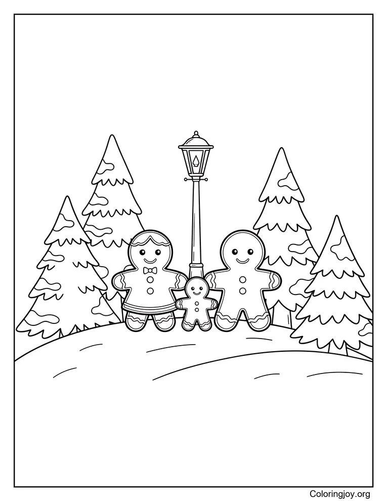 Holiday Cheer: Gingerbread Family Around a Snowy Christmas Scene