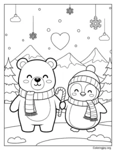holiday polar bear and penguin coloring page