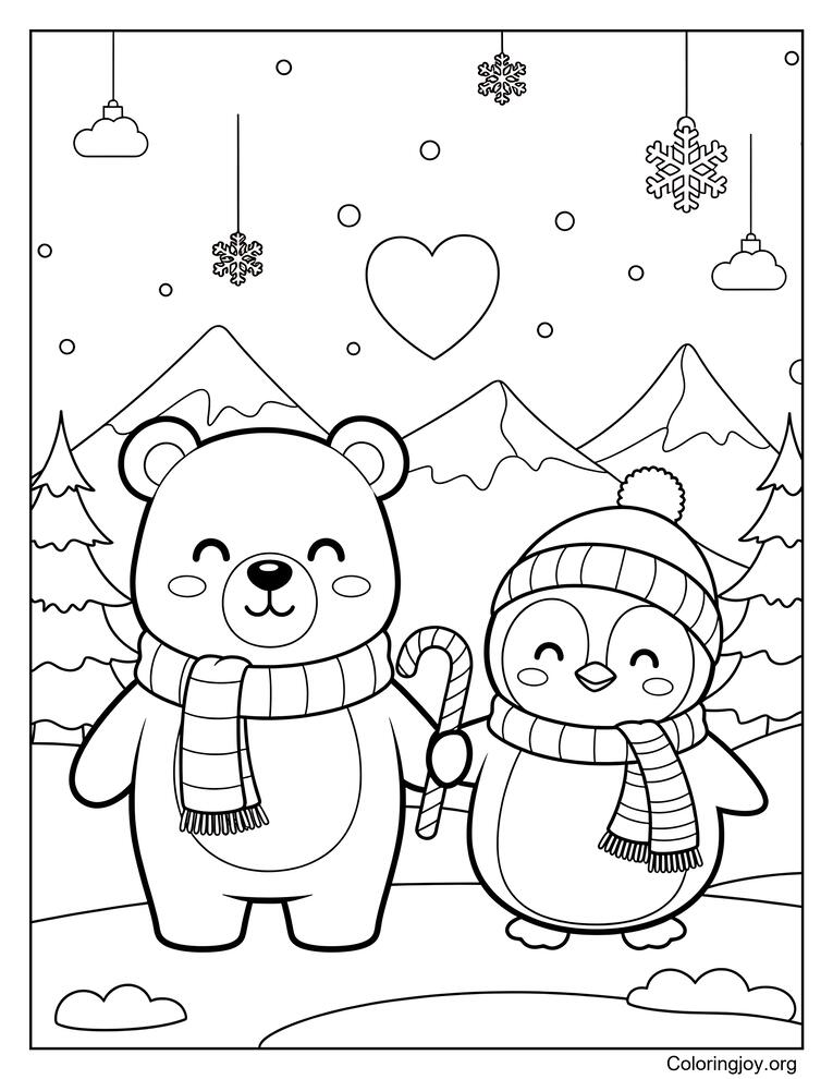 holiday polar bear and penguin coloring page