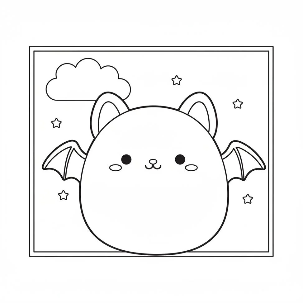 Squishy Bat with Clouds Coloring Page