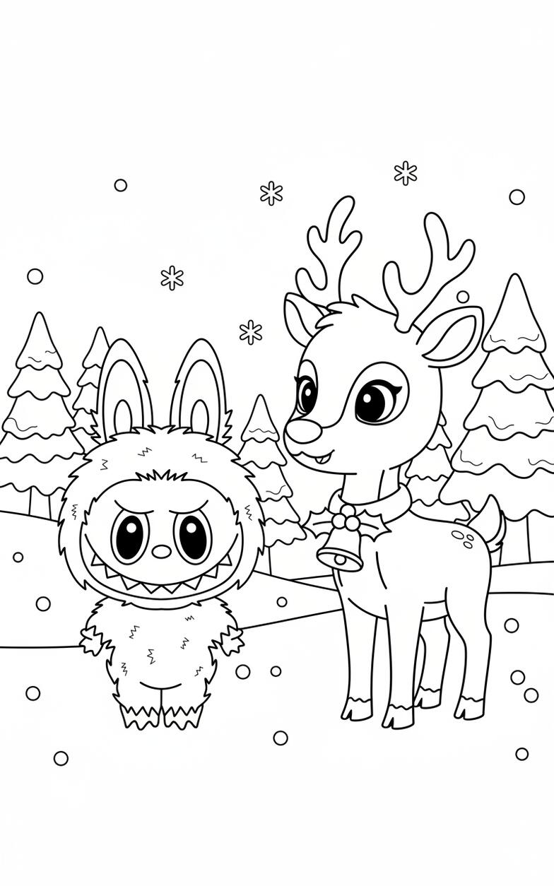 Labubu and Reindeer Winter Scene