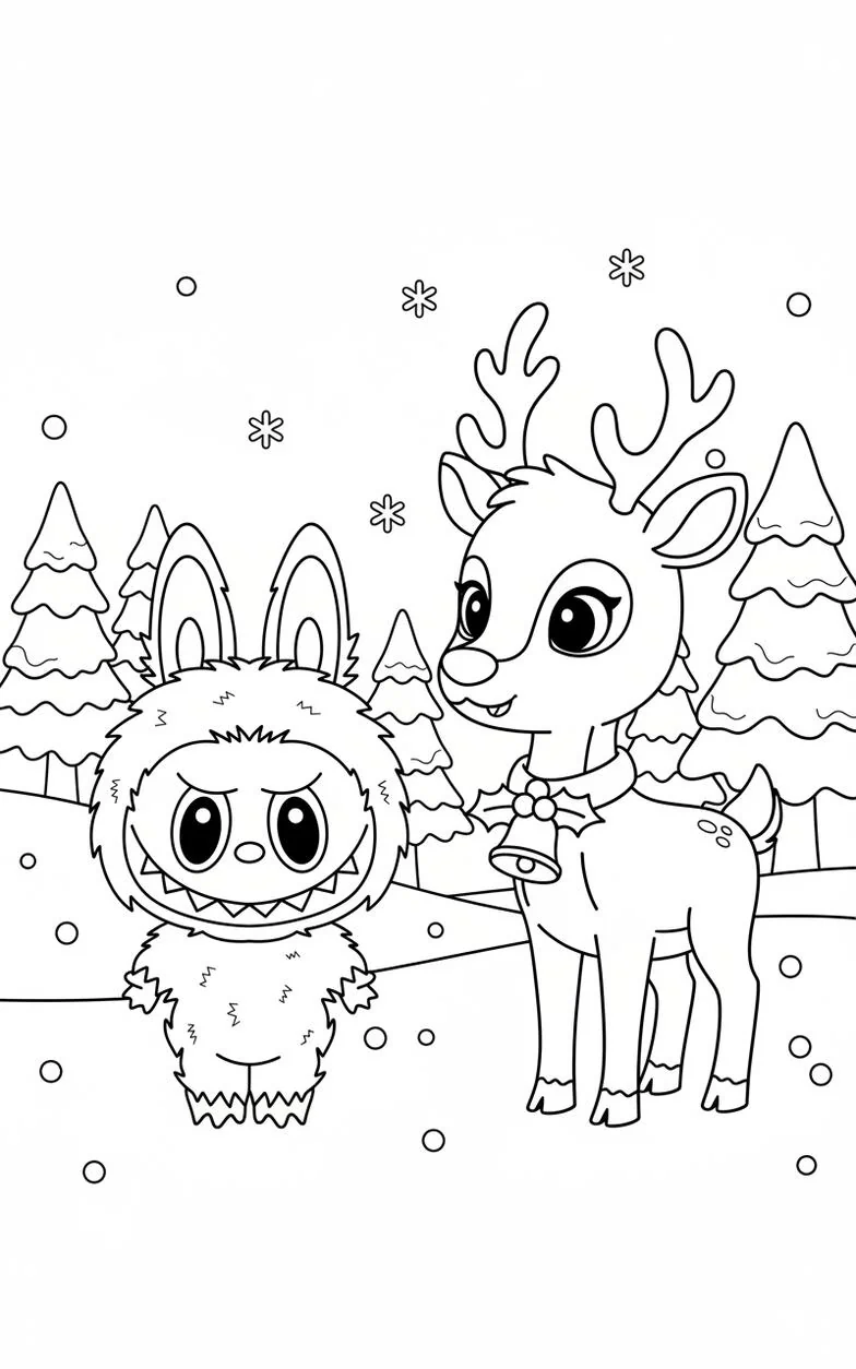 Labubu and Reindeer Winter Scene