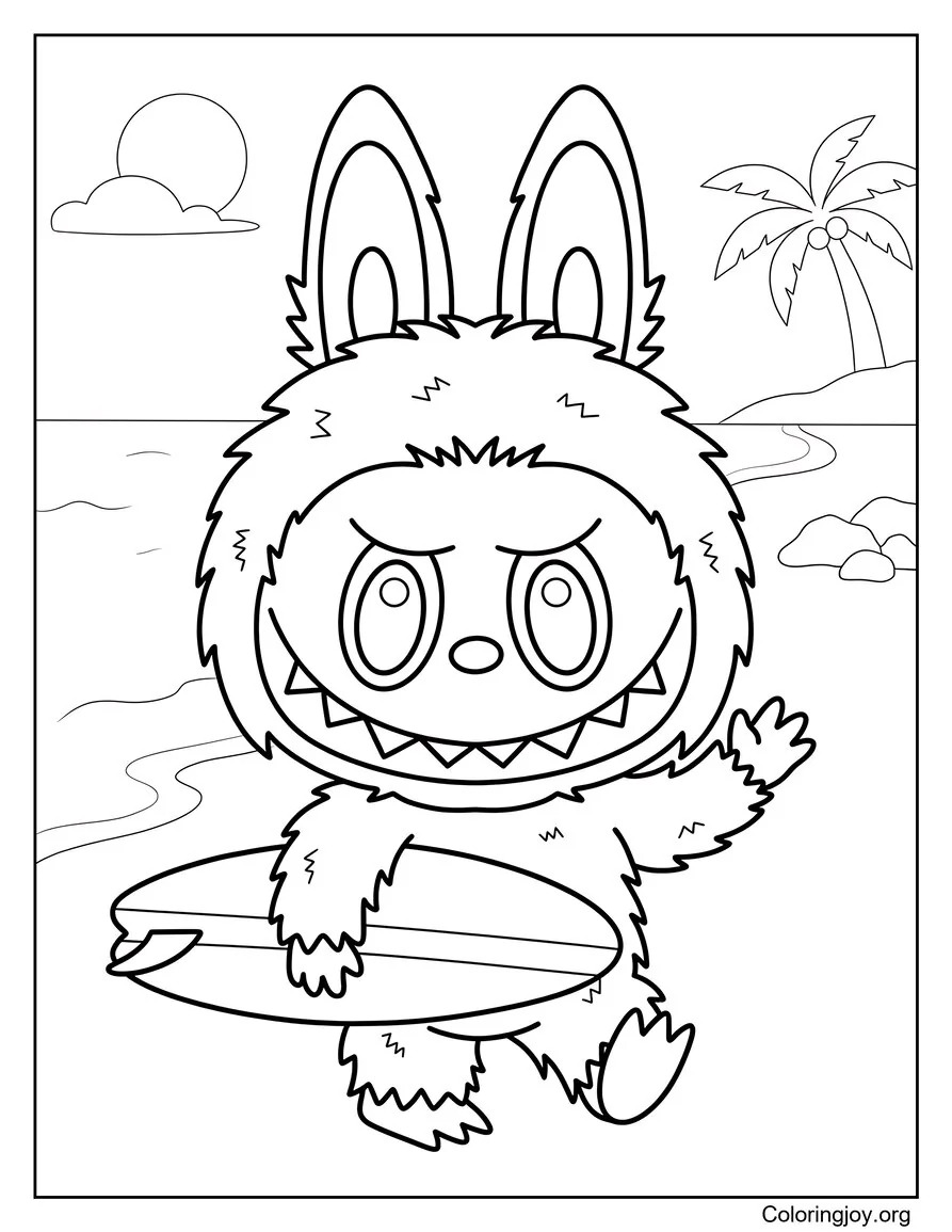 Holding a Surfboard on the Beach Labubu-Inspired Coloring Page
