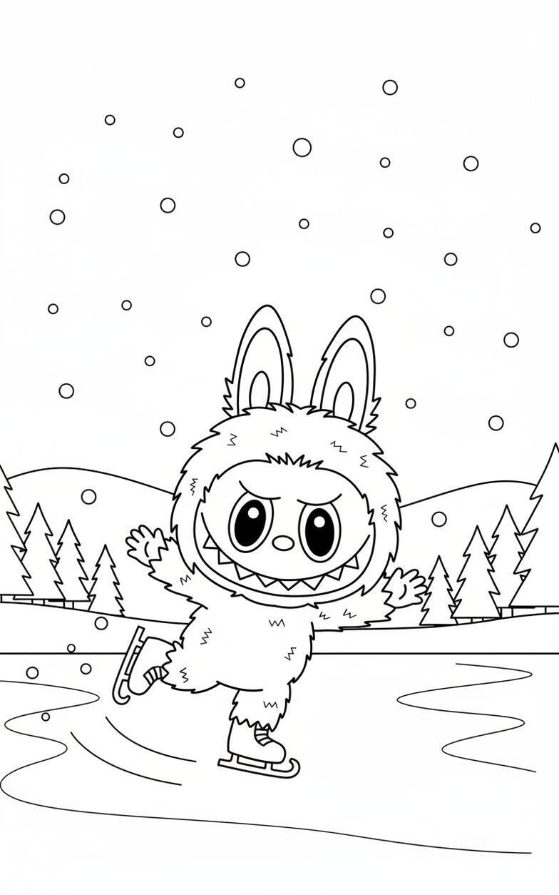 Labubu Ice Skating on Frozen Pond Winter
