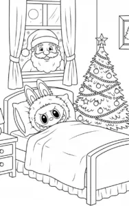 Labubu Sleeping Beside Christmas Tree Coloring page