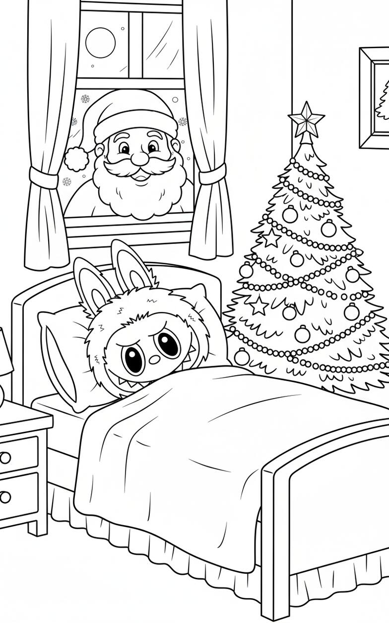 Labubu Sleeping Beside Christmas Tree Coloring page
