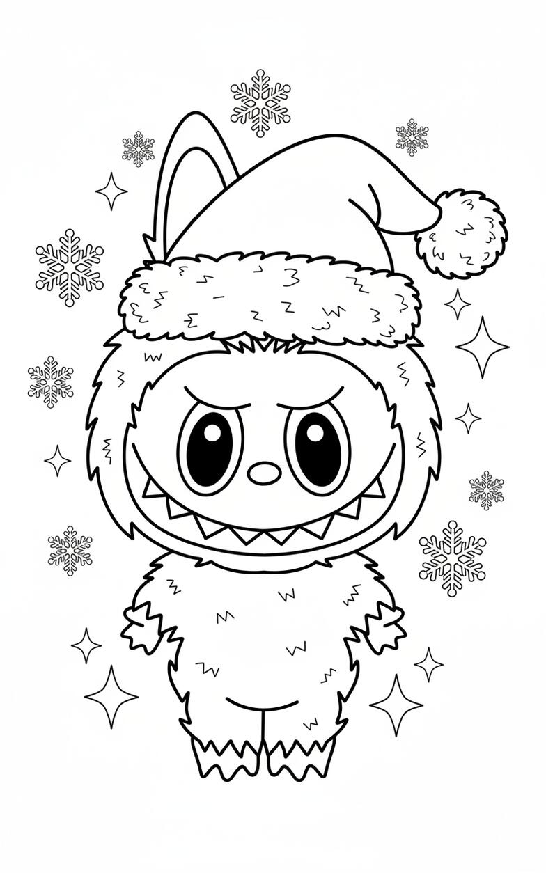 Labubu with Santa Hat, Snowflakes, and Stars