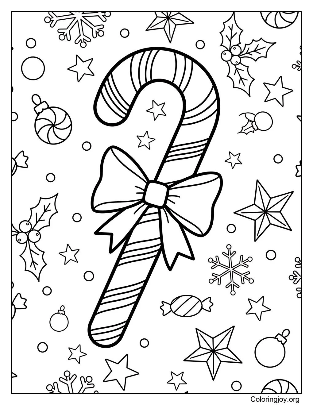 Grande page de coloriage de canne en bonbon et de griffonnages de vacances