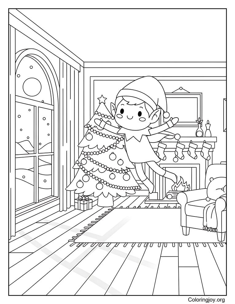 Mischievous Elf on the Shelf Christmas Living Room Coloring Page