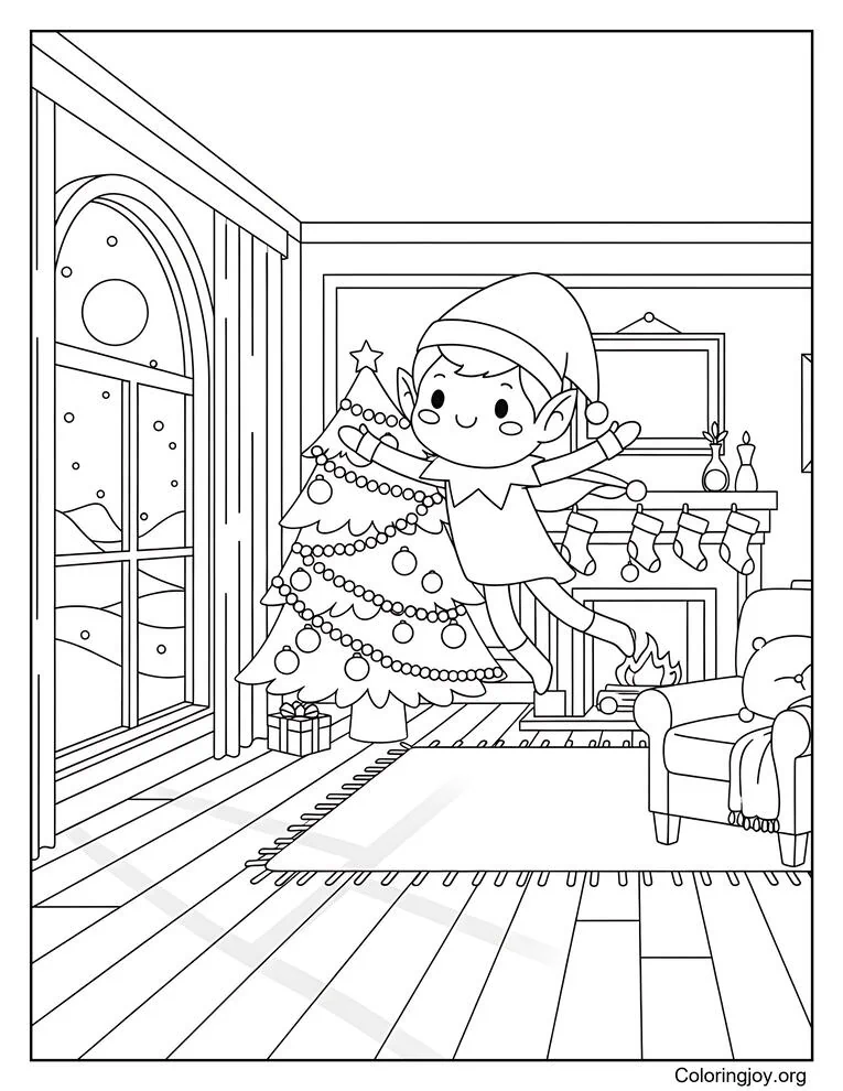 Mischievous Elf on the Shelf Christmas Living Room Coloring Page