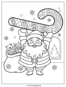 santa claus with candy cane coloring page