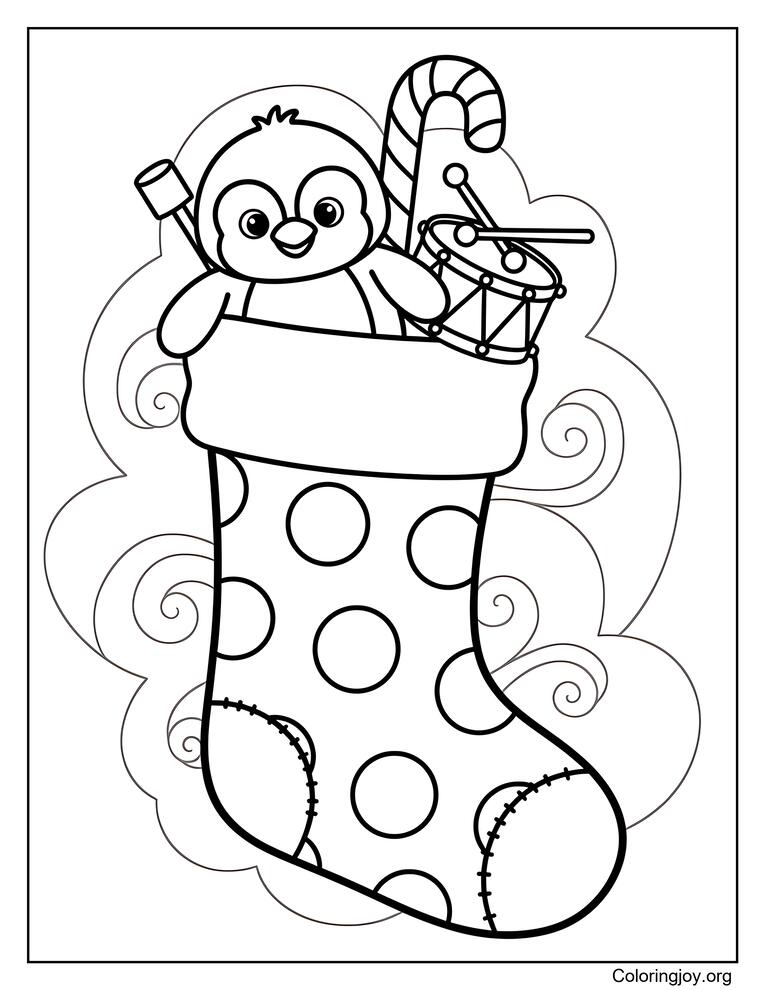 Polka-Dot Stocking with Penguin Plush and Holiday Items Coloring Page