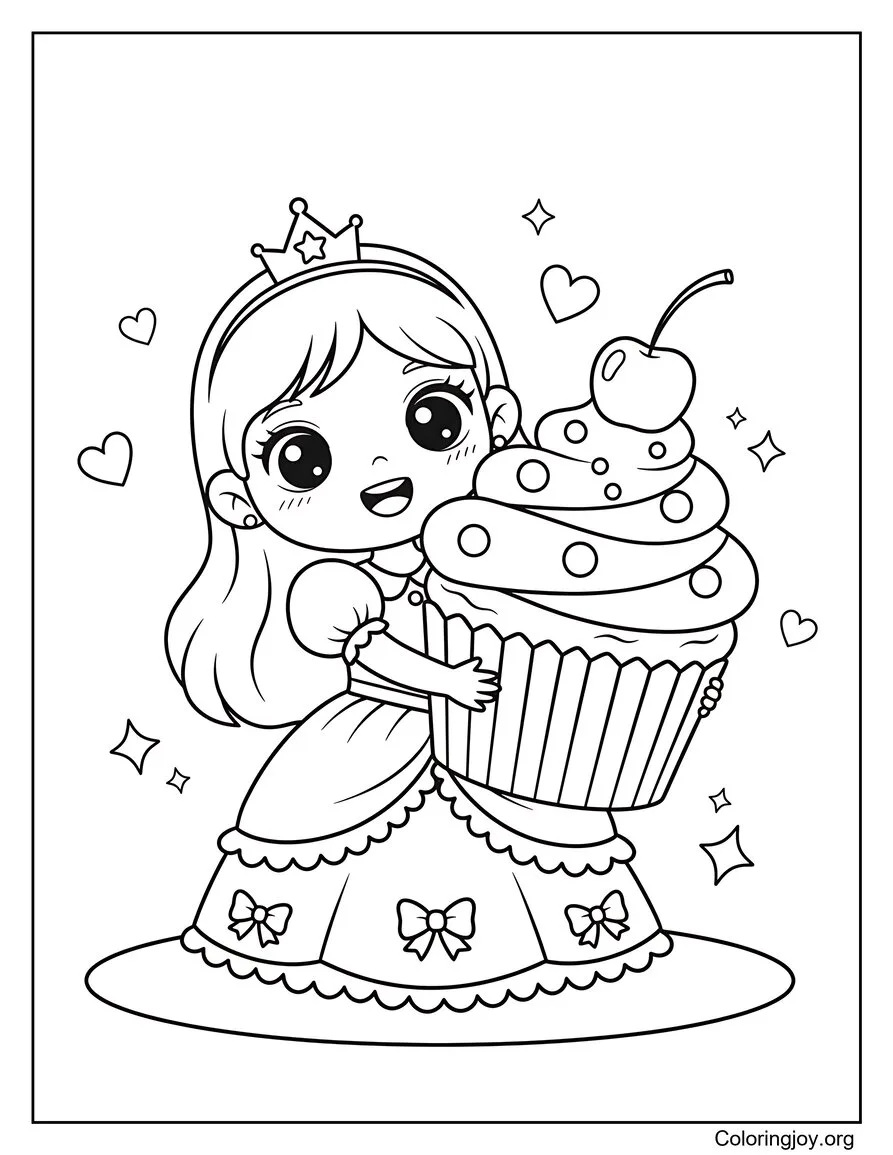 Carry a princess holding a tall cupcake with swirly frosting and cherry.