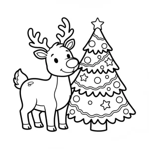 Reindeer and Christmas Tree Coloring Page