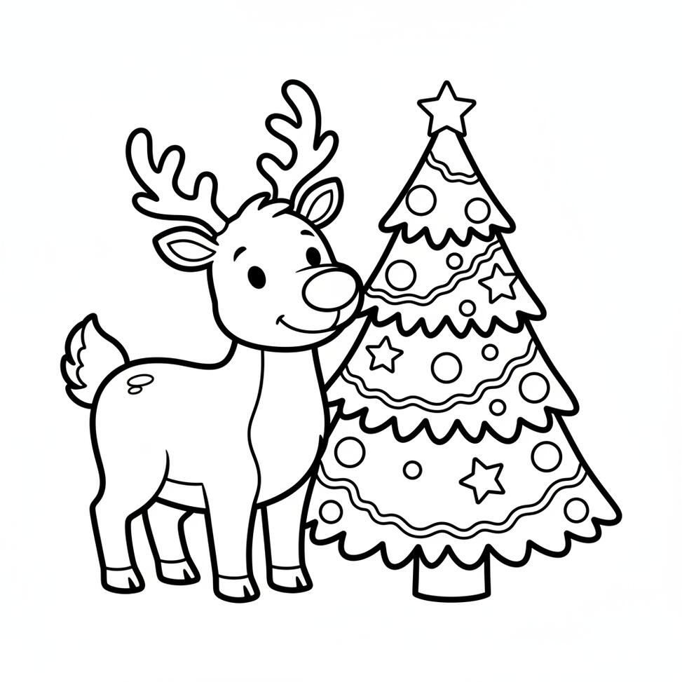 Reindeer and Christmas Tree Coloring Page