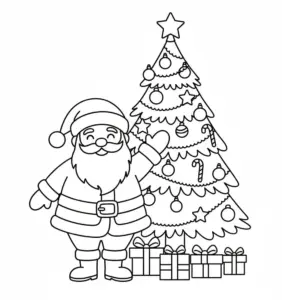 Santa and Christmas Tree Coloring Page
