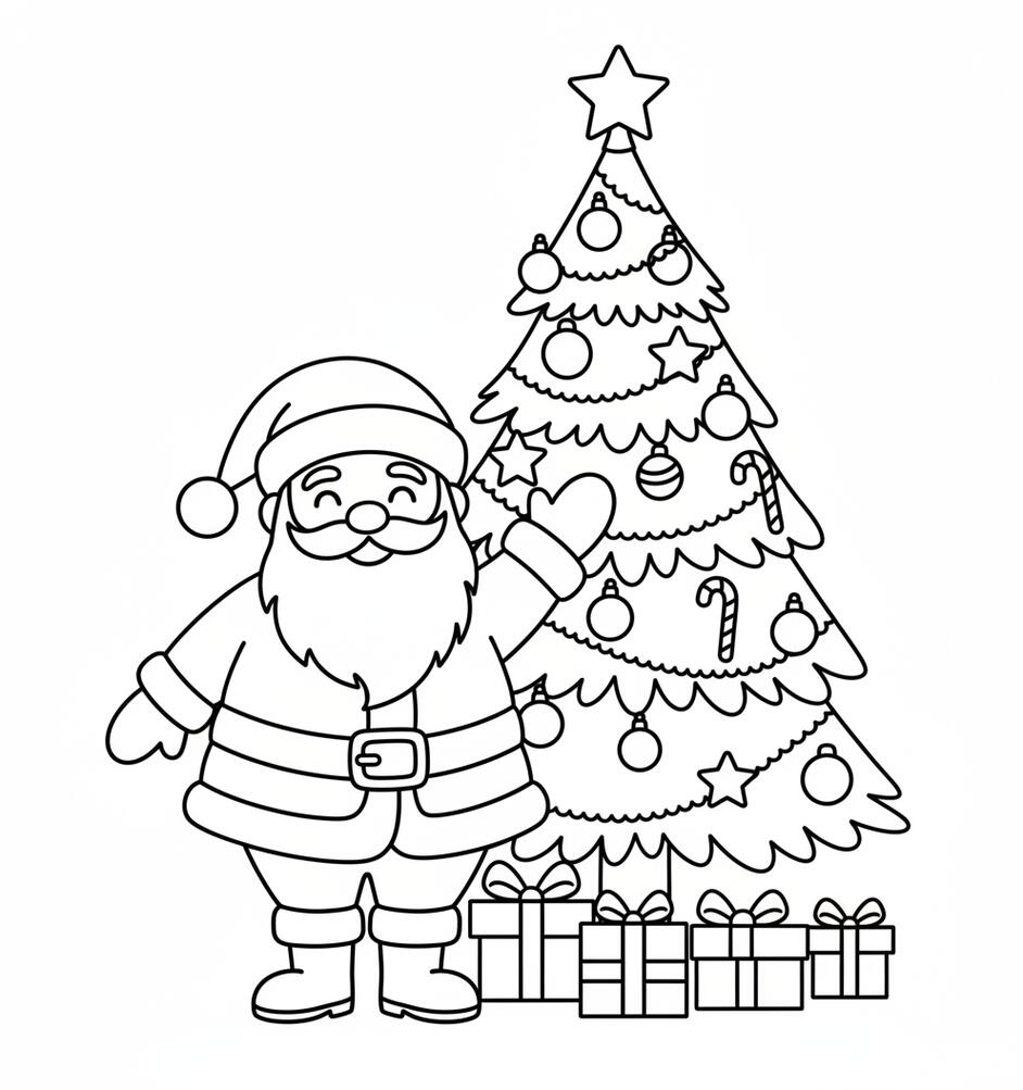 Santa and Christmas Tree Coloring Page