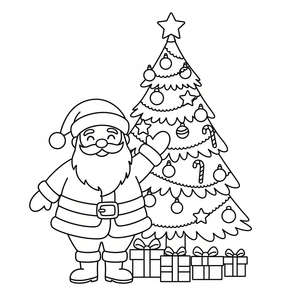 Santa and Christmas Tree Coloring Page