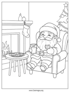 Santa Claus drinking milk and cookies coloring page