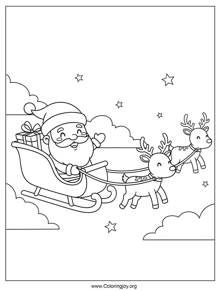 Santa Claus flying in the sky coloring page