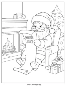 Santa Claus Reading Wish List by Fireplace Coloring Page