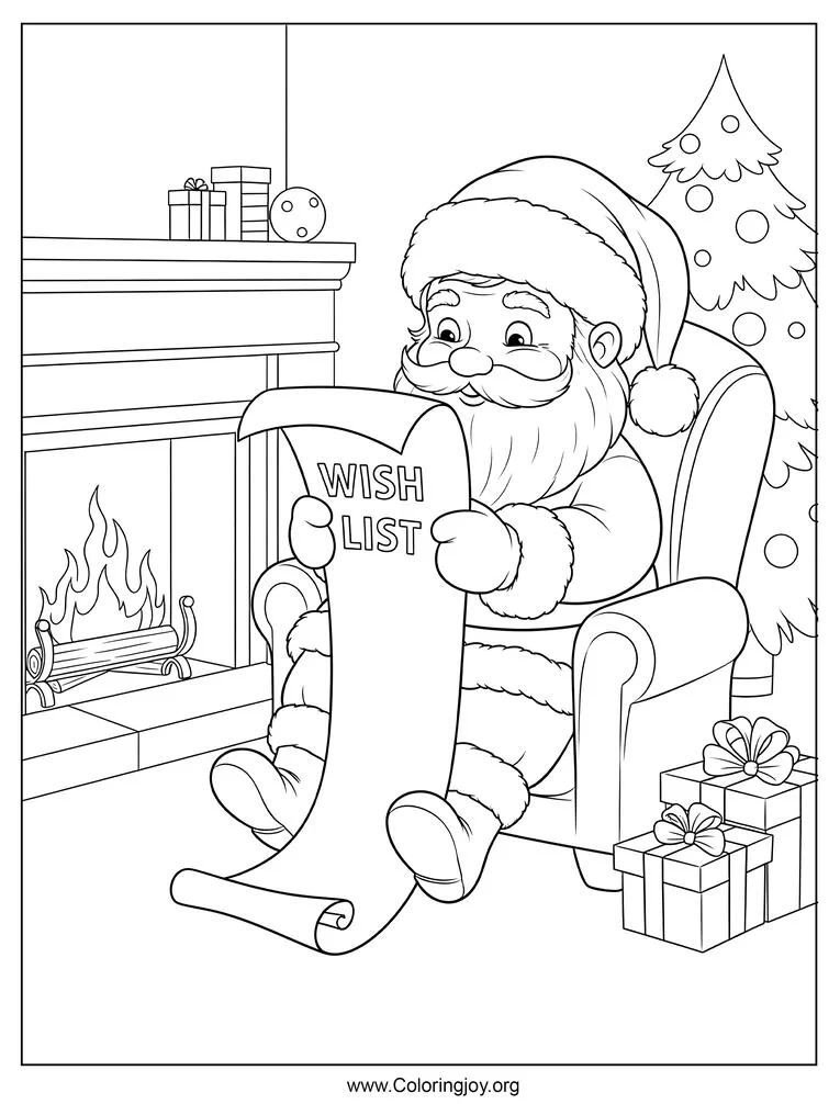 Santa Claus Reading Wish List by Fireplace Coloring Page