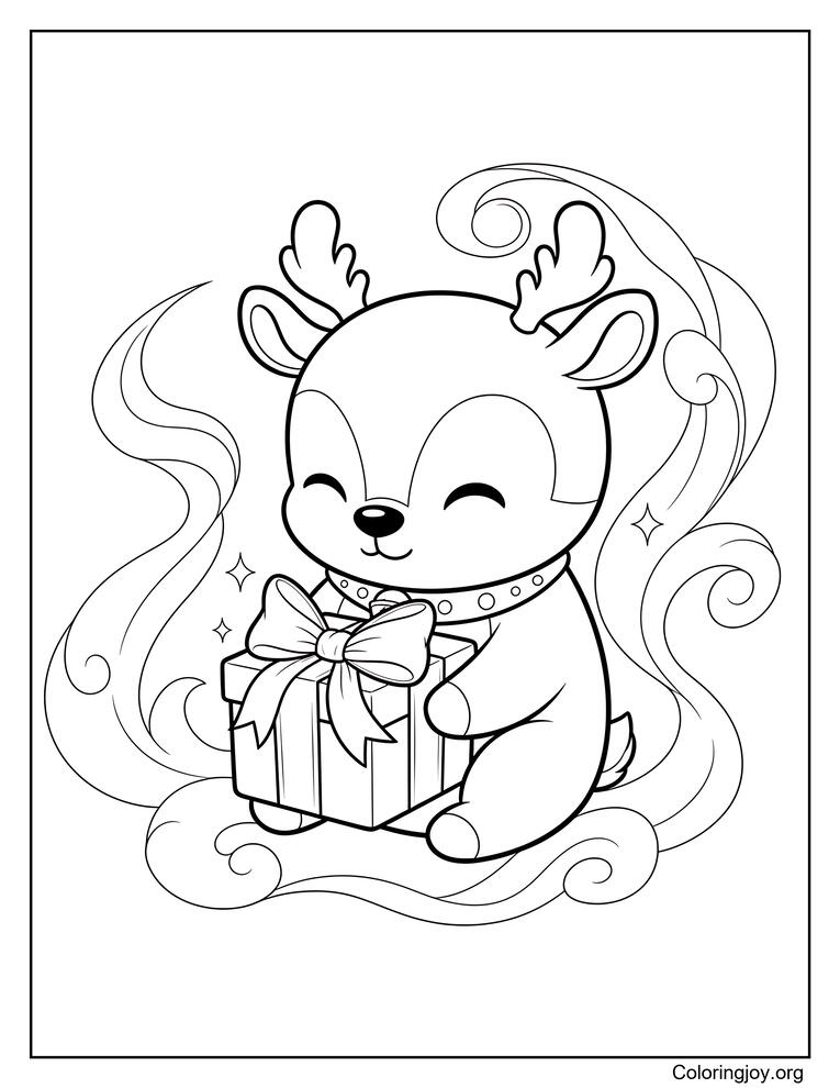 Serene Chibi Reindeer Fawn with Christmas Gift Coloring Page