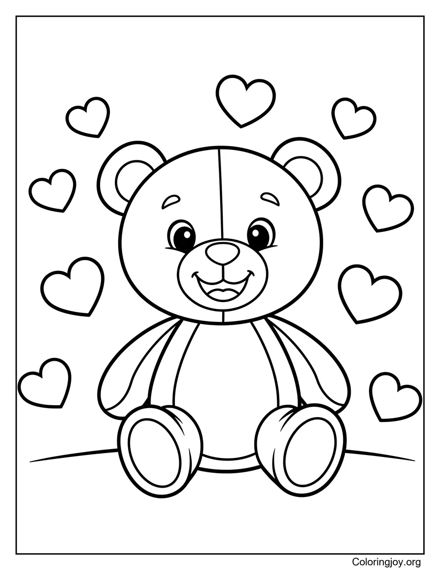 Floating hearts surround a cheerful teddy bear enjoying a loving moment.