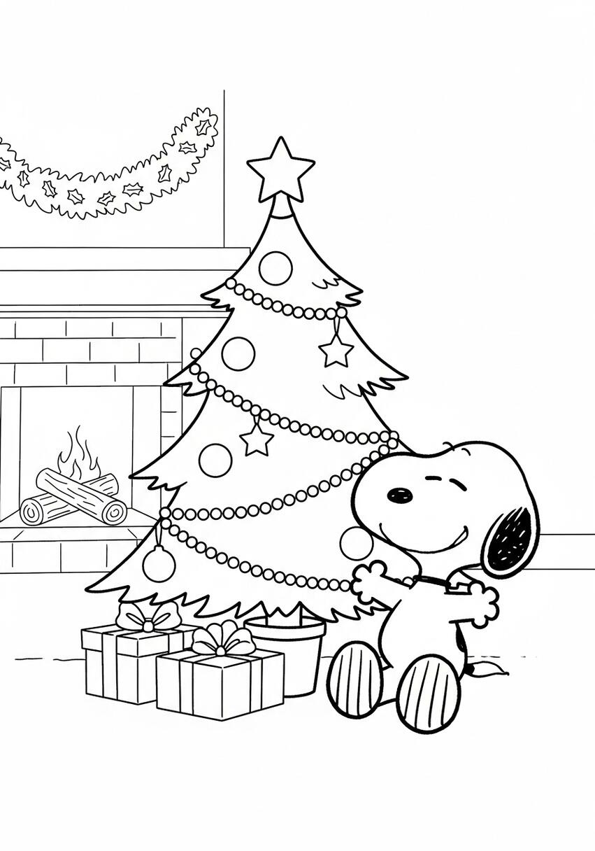 Snoopy Christmas Tree Coloring Page .