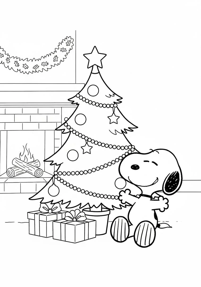 Snoopy Christmas Tree Coloring Page .