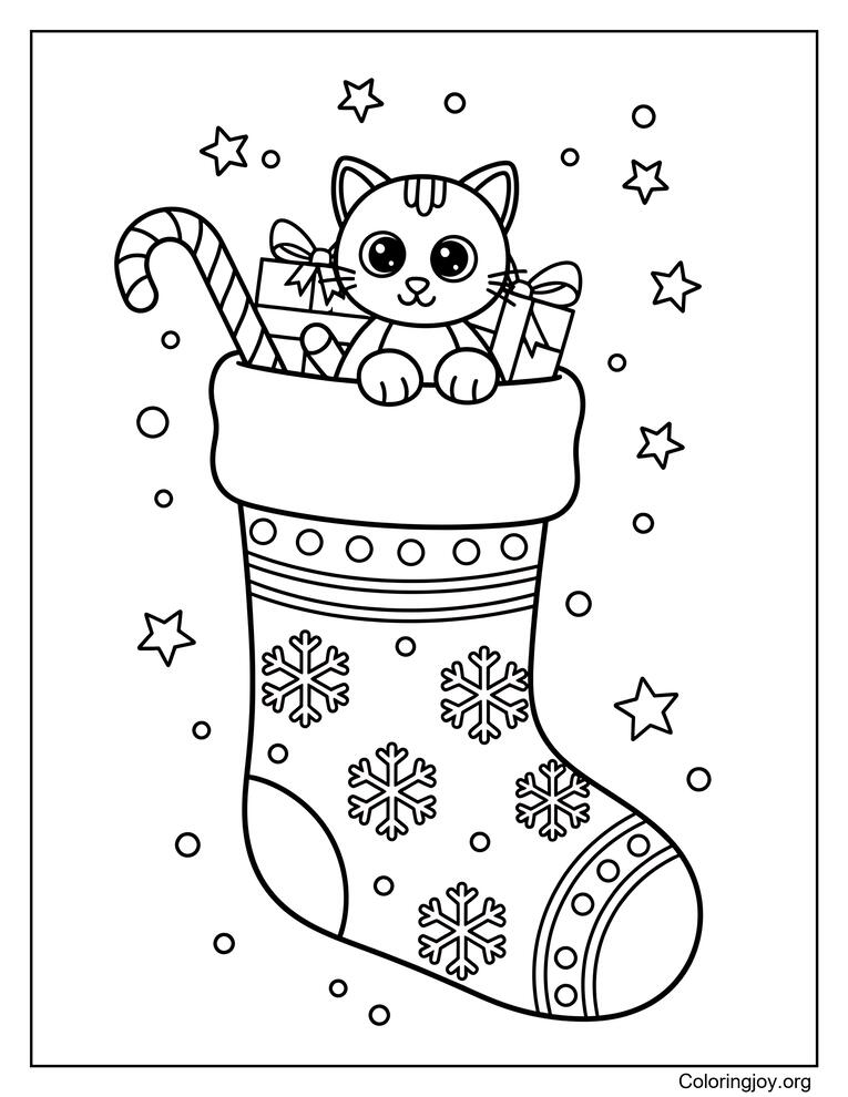 Snowflake Stocking with Kitten Plush and Christmas Treats Coloring Page