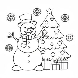 Coloring Page of Snowman and Christmas Tree
