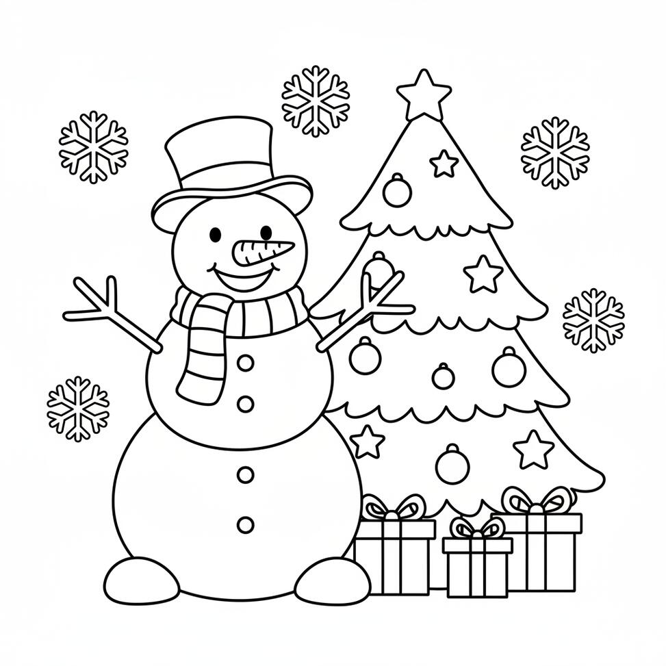Coloring Page of Snowman and Christmas Tree
