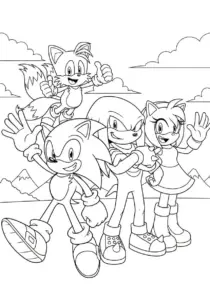 Sonic, Tails, Knuckles, and Amy Rose Group Pose Coloring Page