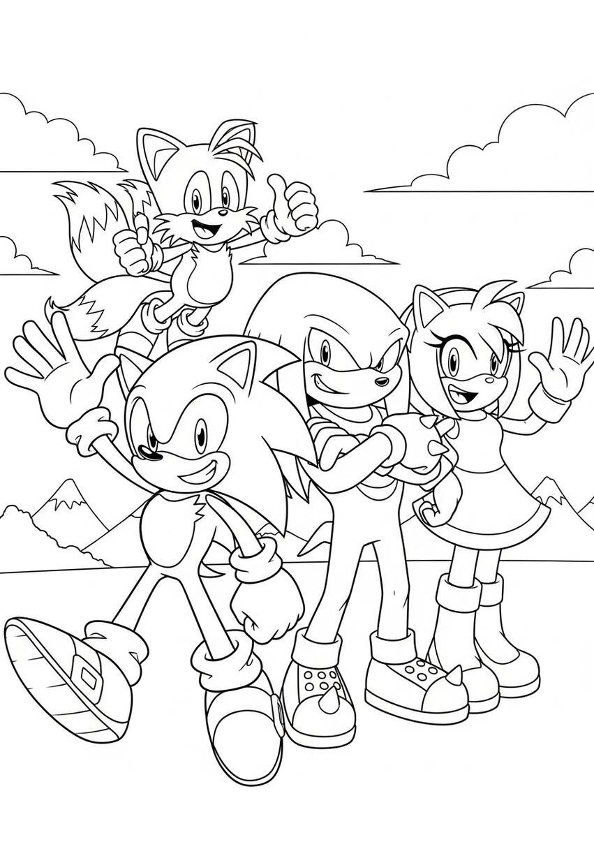 Sonic, Tails, Knuckles, and Amy Rose Group Pose Coloring Page