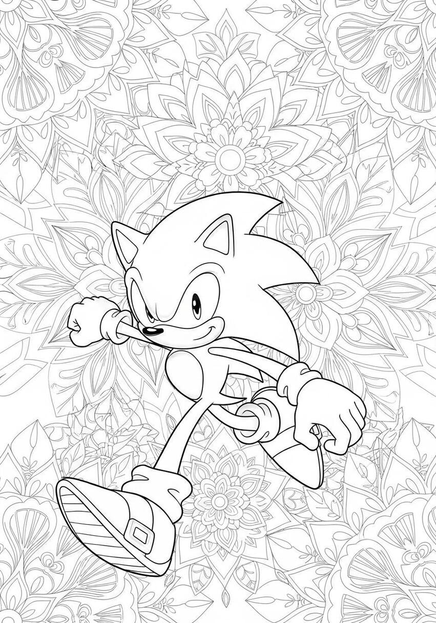 Sonic the Hedgehog Geometric Floral Mandala Adult Coloring Page