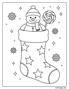 Star-Decorated Stocking with Snowman and Lollipop Coloring Page