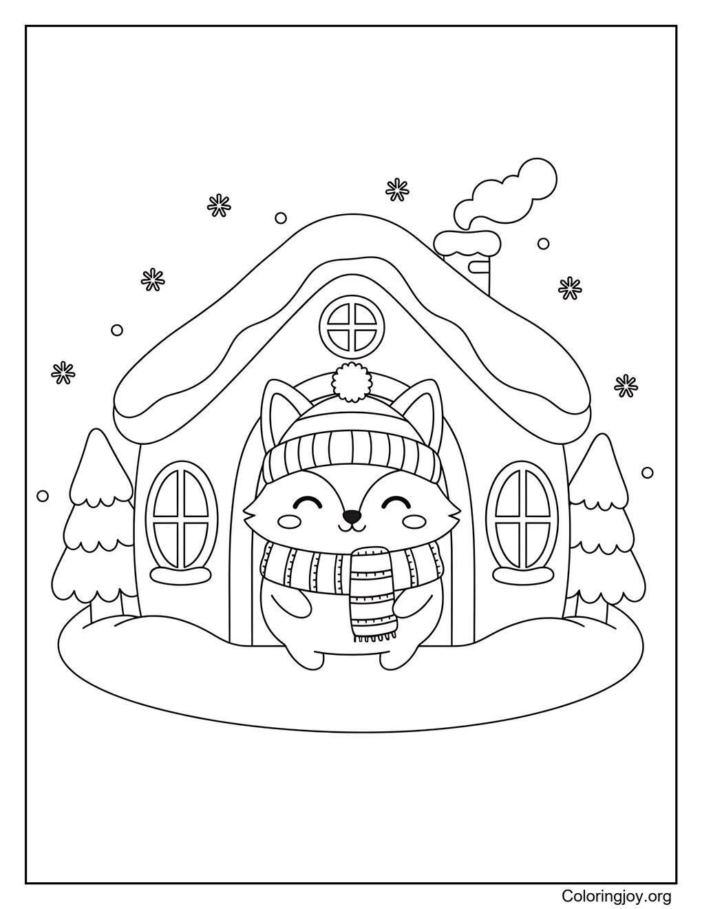 Winter cabin coloring page