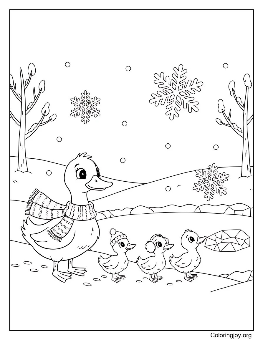 Winter Snow Duck Family
