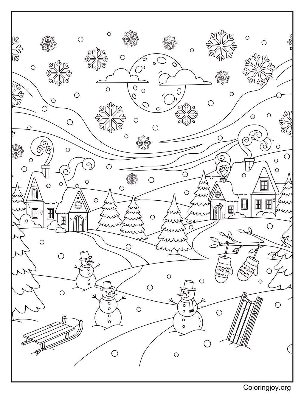 Winter Wonderland Snowy Cottages Coloring Page