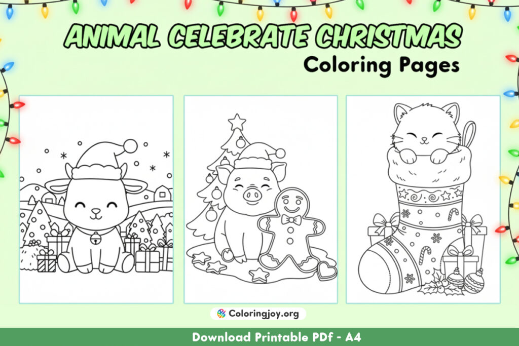 Cute Animals Christmas celebration Coloring Pages (Printable PDF)