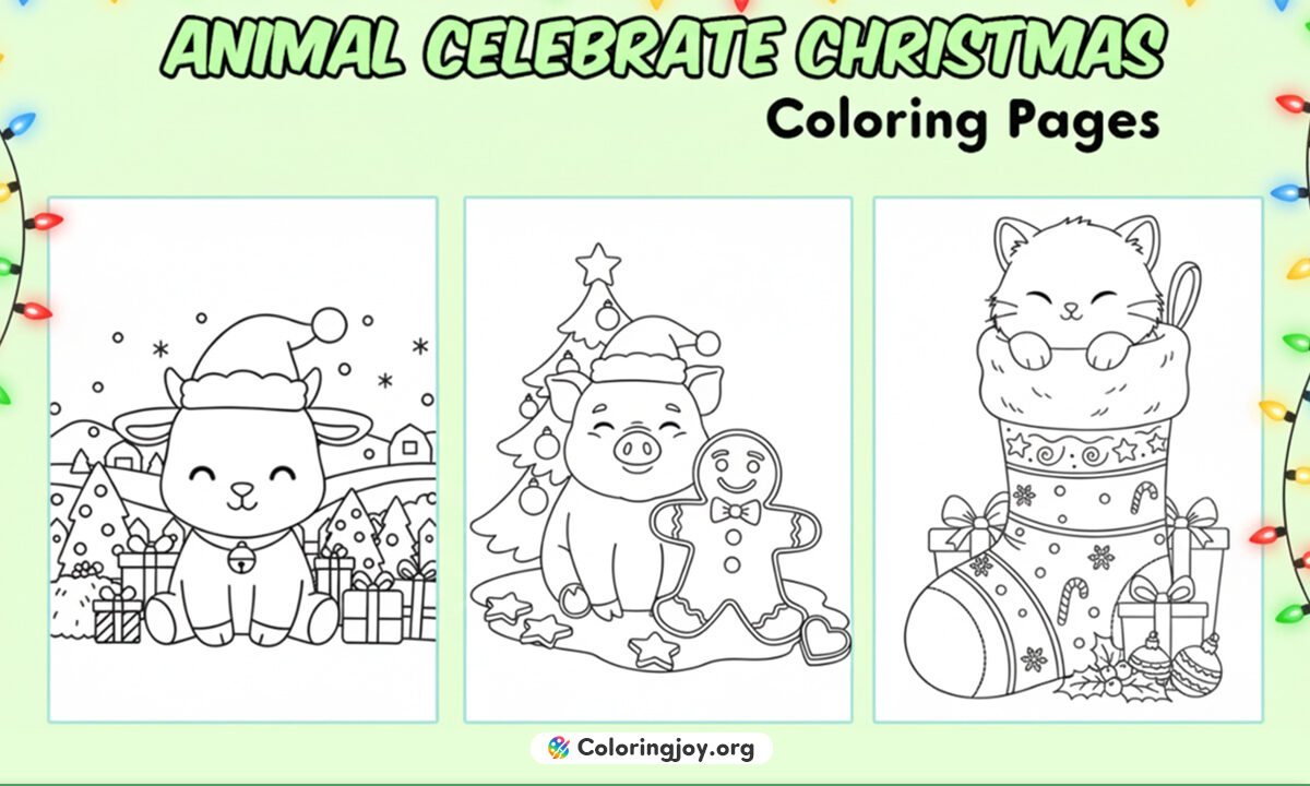 Cute Animals Christmas celebration Coloring Page
