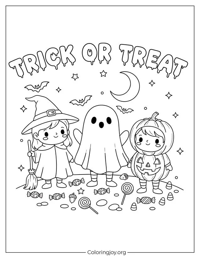 Kids in Halloween Costumes Coloring Page